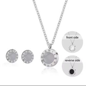 2 Pc SetRoman Numeral Reversible Stainless Steel Necklace and Matching Earrings